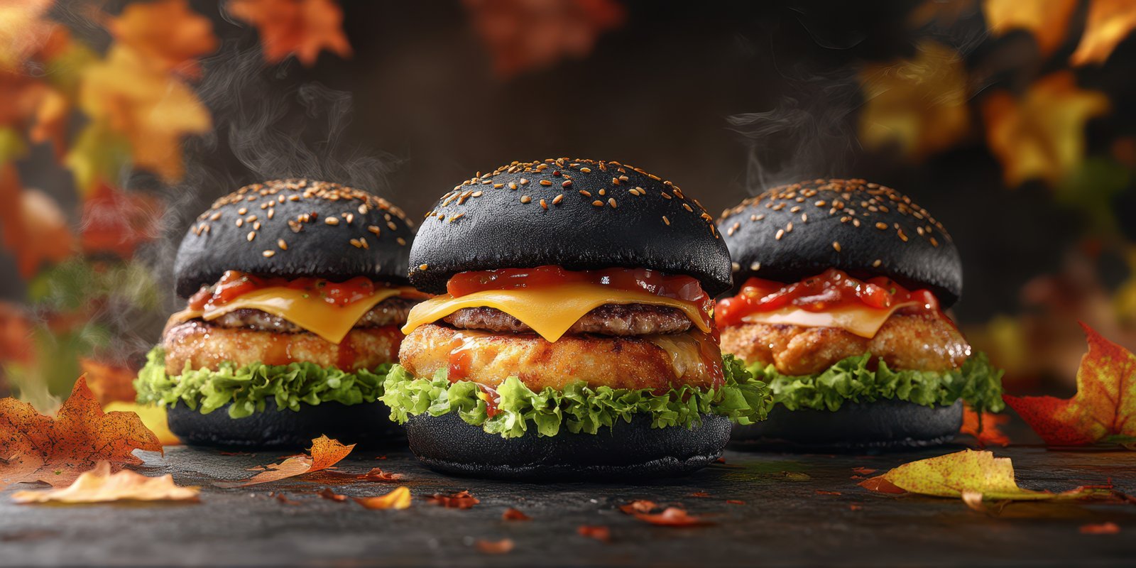 Burgers on black buns served in an autumn-themed setting with colorful leaves and warm colors